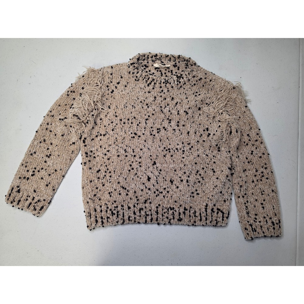 Jessica Simpson Girls Beige Black Pom Pom Fringe Knit Sweater Size 5/6